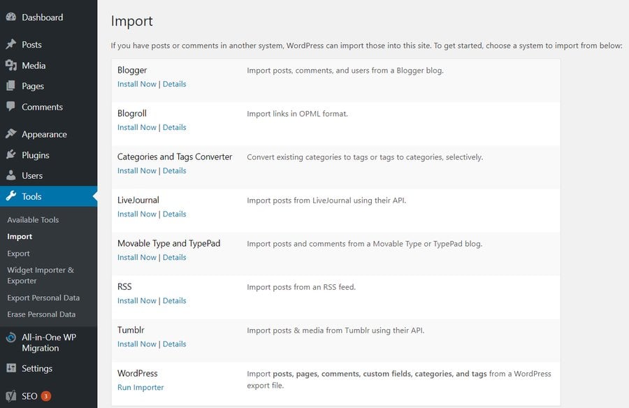 wordpress importer